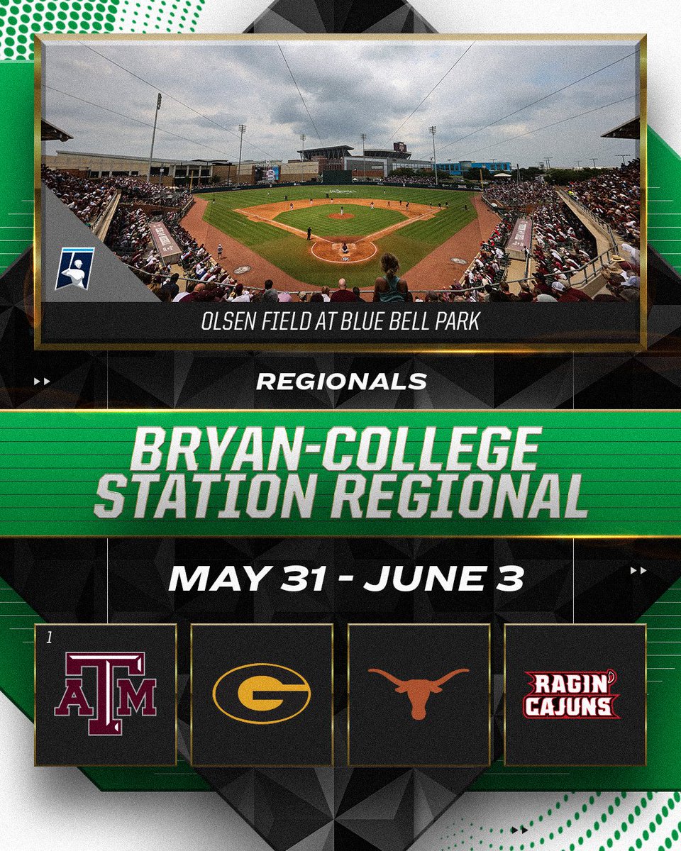 Bryan-College Station Regional

(3) <a href="/AggieBaseball/">Texas A&M Baseball</a> 
<a href="/GramSt_Bsb/">Grambling State Baseball</a> 
<a href="/TexasBaseball/">Texas Baseball</a> 
<a href="/RaginCajunsBSB/">Louisiana Ragin’ Cajuns® Baseball</a> 

#RoadToOmaha