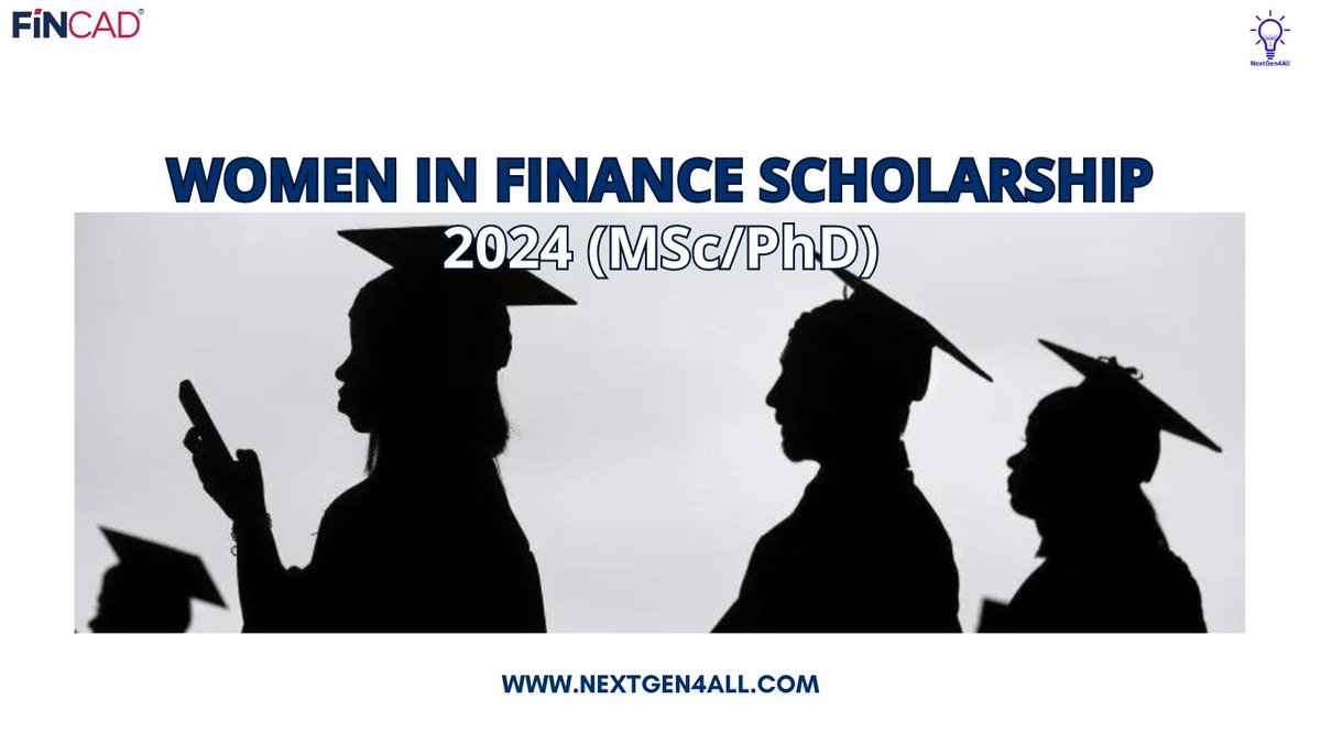 #WomenInFinance Scholarships 2024 (MSc/PhD)
.
.
#FINCAD offers the Women in Finance Scholarship to support and encourage women in the field of finance, particularly in the area of derivatives and financial risk management. by 30-06-2024. 
.
Visit NextGen4All.com for more.