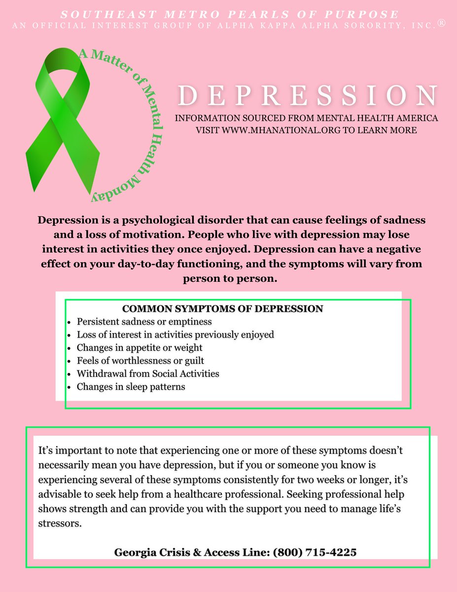 DrKim_Kessinger's tweet photo. This week Southeast Metro Pearls of Purpose is addressing an important topic: depression. Join us as we raise awareness, offer support, &amp; promote
understanding. Together, we can make a difference. #DepressionAwareness #AKA1908 #TUNEinSAR #SMPOPserves #AMatterOfMentalHealth https://t.co/ipkGqiGRax