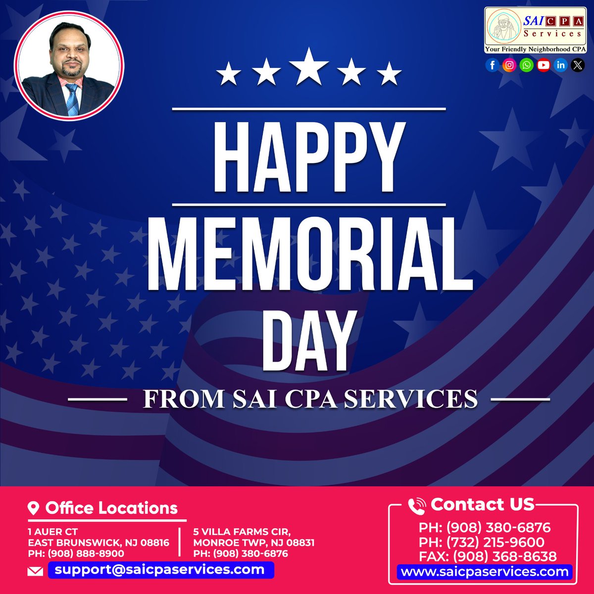 Honoring the brave men and women who have sacrificed for our freedom. This Memorial Day, we remember and salute their courage. - Sai CPA Services
Contact Us: saicpaservices.com
(908) 380-6876