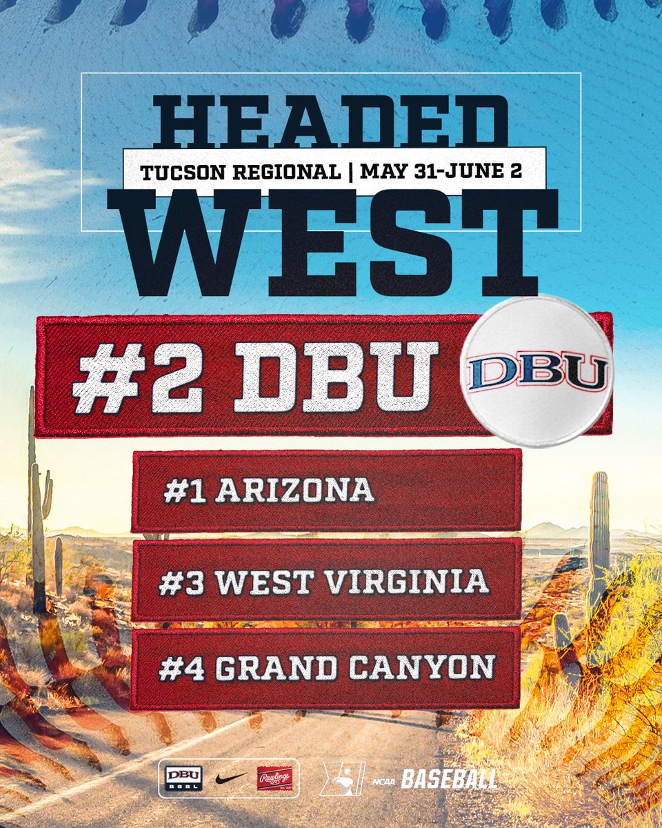 𝐇𝐄𝐀𝐃𝐄𝐃 𝐖𝐄𝐒𝐓!

Your DBU Patriots are headed to the Tucson Regional! 

📍 Tucson, AZ
🏟️ Hi Corbett Field
🗓️ May 31-June2
🆚 Arizona, WVU, GCU
🔗 bit.ly/3RpLEK3
📺  ESPN Network

#DBUBaseball | @NCAABaseball