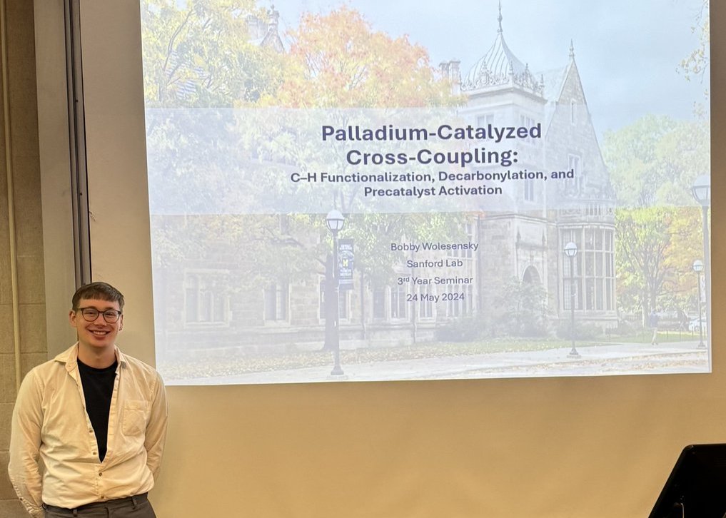 Congratulations to <a href="/JoshuaThedford/">joshua thedford</a>  and <a href="/bobby_m_w/">Bobby Wolesensky</a> for giving phenomenal presentations during their 3rd-year seminar. Josh discussed fluoroalkyl cross-coupling methodologies. Bobby focused on Palladium-catalyzed cross-coupling. Amazing job to you both!🙌🎉