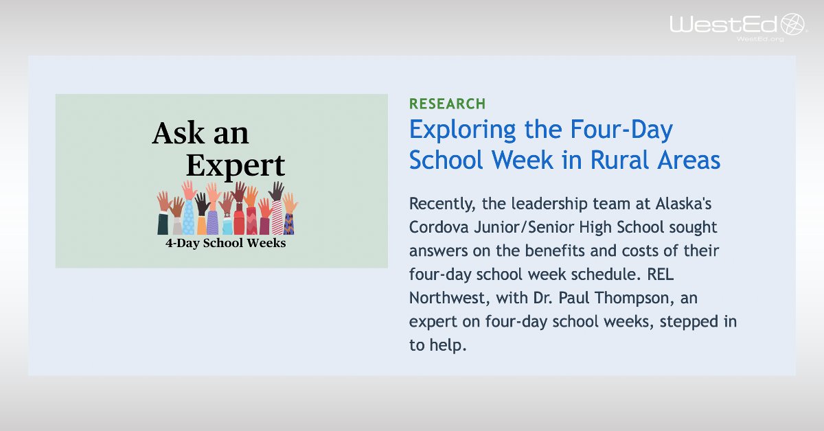 💭 In this Ask an Expert blog, researchers from REL Northwest @relnw and Dr. Paul Thompson, an expert on four-day school weeks, delved into the implications of this schedule in a rural district in southeast Alaska: bit.ly/4aAQtqt #RuralEd