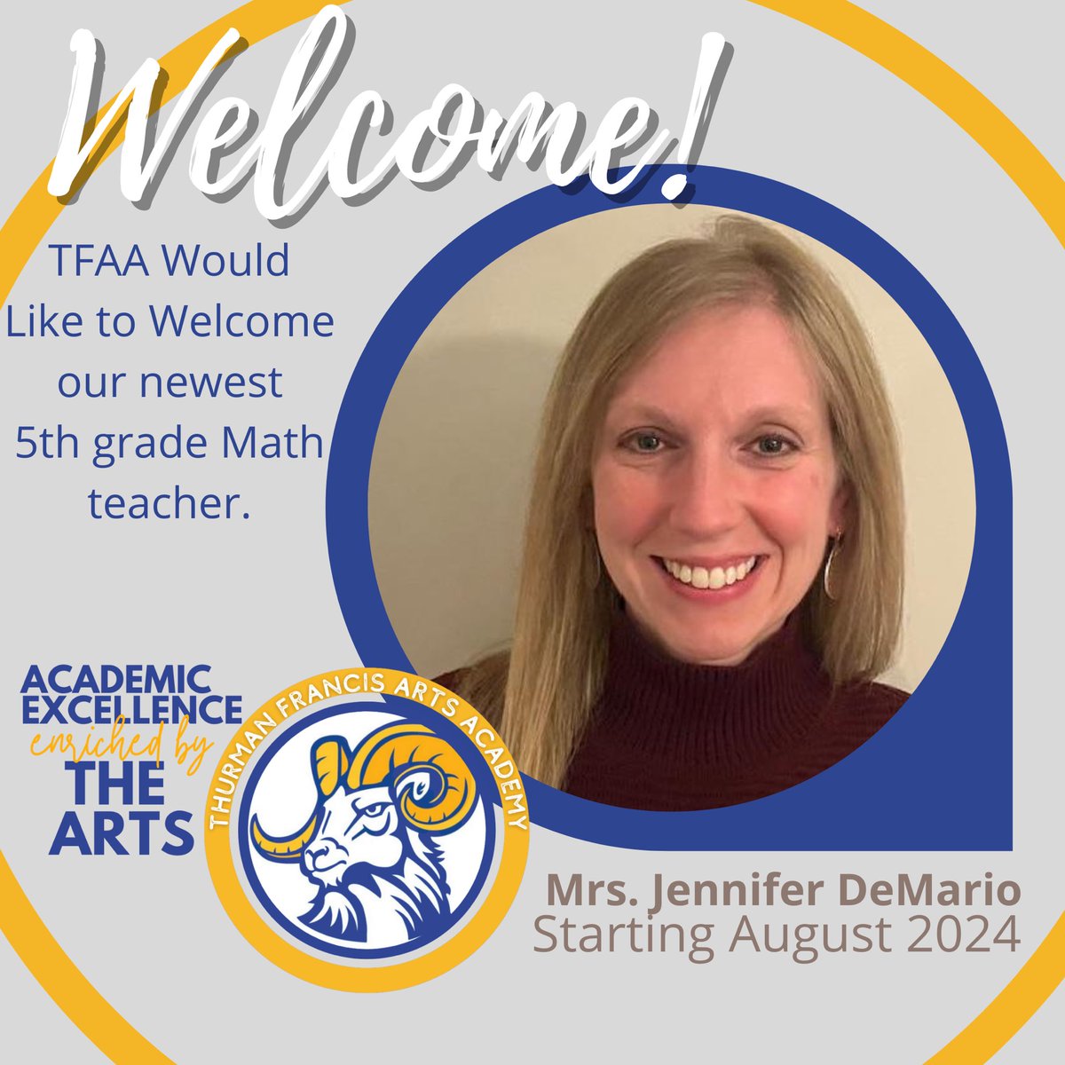 ๐ป๐ฃ. ๐๐๐ฃ๐ ๐ ๐พ๐ ๐๐ช๐๐ (@drmarkjgonyea) on Twitter photo We would like to welcome Ms. DeMario to the TFAA Ramily as our 5th grade Math teacher. She will be leaving her current role as school secretary to join our 5th grade team. #theHeARTofExcellence <a href="/TFAA_Rams/">Thurman Francis</a> We would like to welcome Ms. DeMario to the TFAA Ramily as our 5th grade Math teacher. She will be leaving her current role as school secretary to join our 5th grade team. #theHeARTofExcellence <a href="/TFAA_Rams/">Thurman Francis</a>
