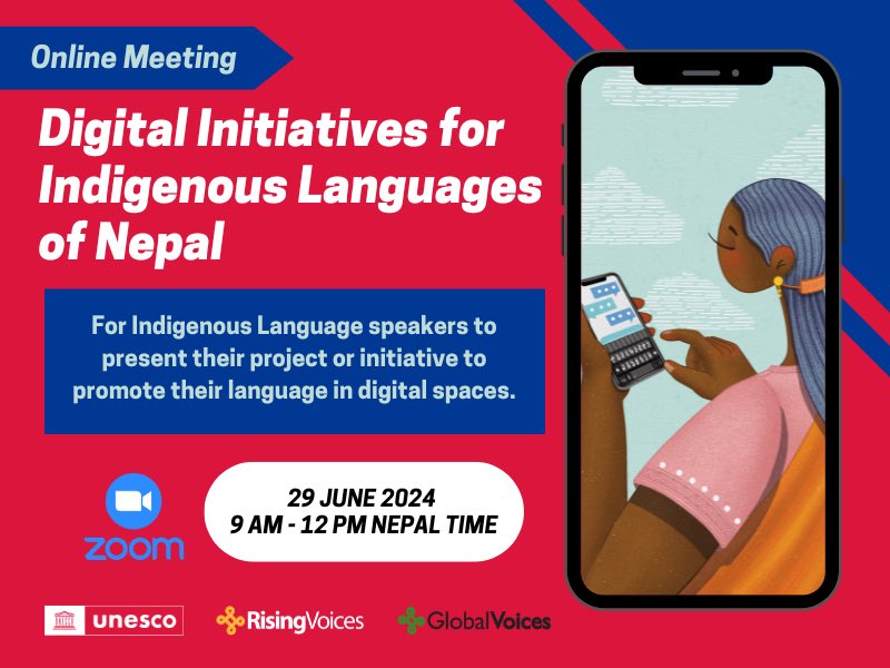We're excited to partner with <a href="/UNESCOKathmandu/">UNESCO Kathmandu</a> and <a href="/globalvoicesnp/">GVNepali</a> to host an online meeting for Indigenous language speakers of Nepal using the Internet to promote their languages. Apply to present your project or join to listen!

rising.globalvoices.org/take-part-in-t…
