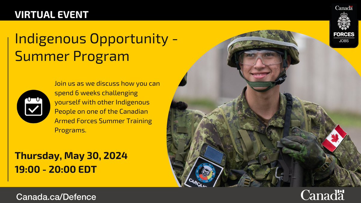 #DidYouKnow we offer summer programs for Indigenous Peoples? Develop your self-confidence and discipline, teamwork, time management, respect, and fitness through military training and indigenous cultural teachings. Register to learn more: forces.ca/en/events/#/de…