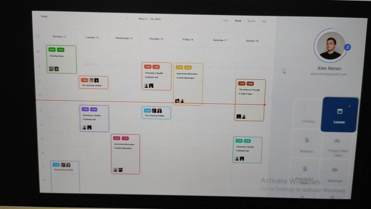 AbhinavCha73015's tweet photo. Designed the most complex calendar for my office admin today! It shows birthdays, leaves, project meetings with time, project start/end dates. Includes date, week, month filters. The UI is also super sleek. Proud of this project! #OfficeCalendar #ComplexUI #ProjectManagement https://t.co/MZQpD0w3xd