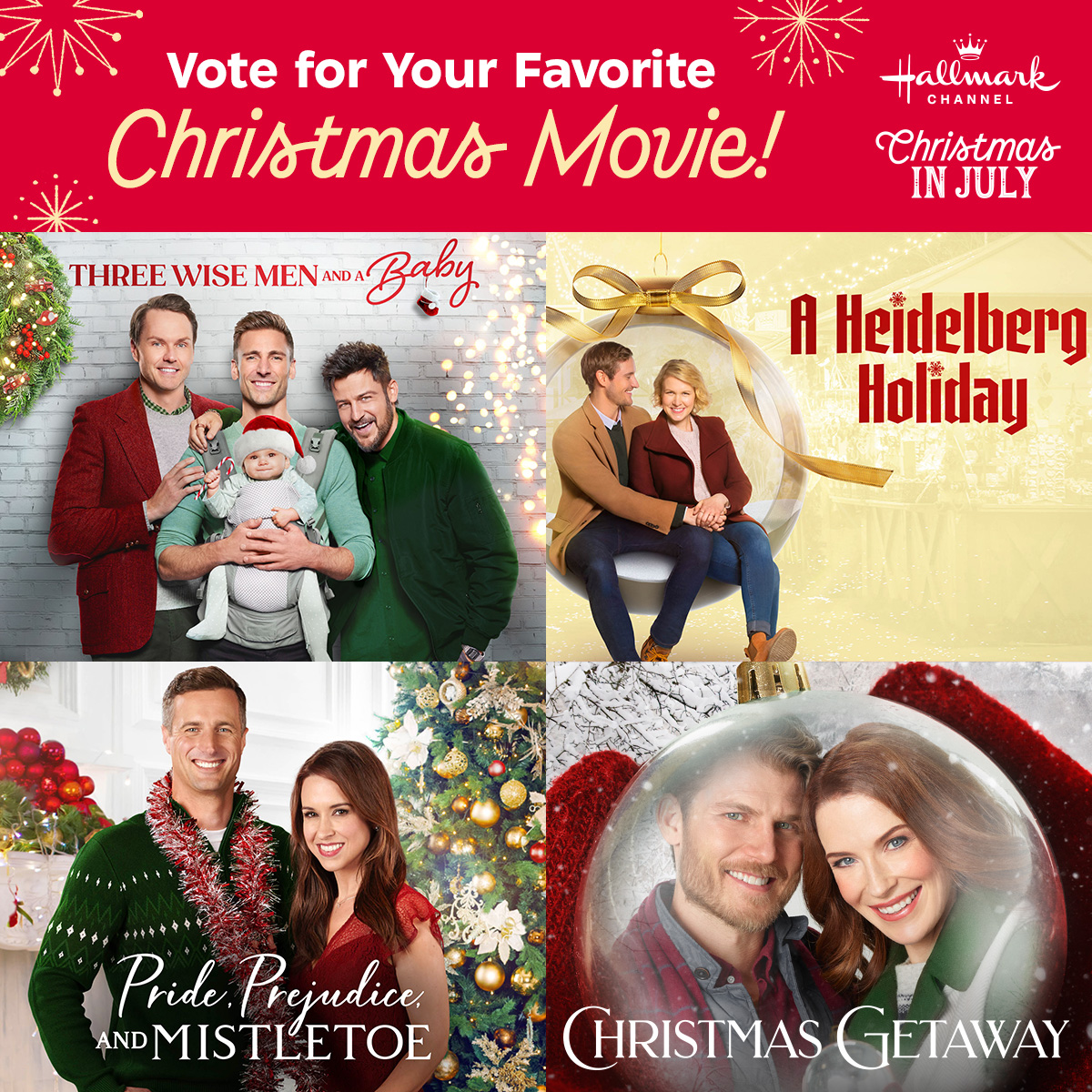 Which classic Hallmark movie do you want to watch on TV this July? Reply with your choice to see if it airs during the #ChristmasInJuly Fan Favorite marathon! The options are #ThreeWiseMenAndABaby, #AHeidelbergHoliday, #PridePrejudiceAndMistletoe, or #ChristmasGetaway.