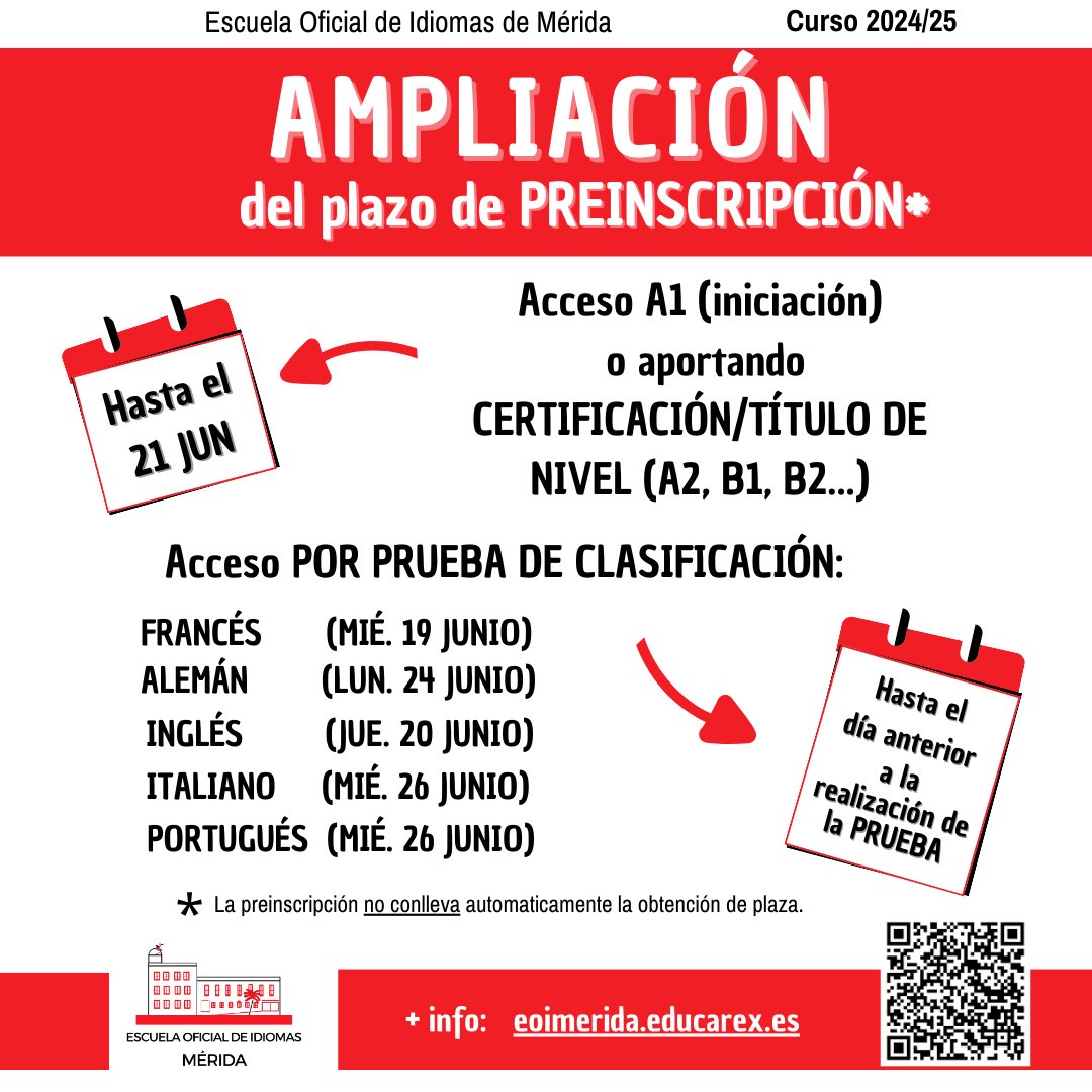 EOI Mérida (@eoimerida) on Twitter photo Se amplía el plazo de admisión. Todavía puedes venir a tu EOI. Tenemos una plaza para tí. <a href="/ayto_merida/">Ayuntamiento de Mérida</a> <a href="/cprdemerida/">CPR de Mérida</a> Se amplía el plazo de admisión. Todavía puedes venir a tu EOI. Tenemos una plaza para tí. <a href="/ayto_merida/">Ayuntamiento de Mérida</a> <a href="/cprdemerida/">CPR de Mérida</a>