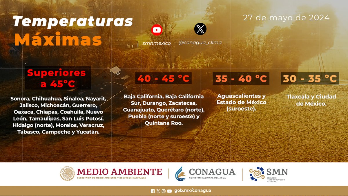 conagua_clima's tweet photo. 🥵🌡️ Hoy prevalecerá la tercera #OndaDeCalor en #México, ocasionará #Temperaturas máximas superiores a 45 grados #Celsius en 19 estados de #México.

Los detalles aquí ⬇️ https://t.co/WCPDu7rWLg