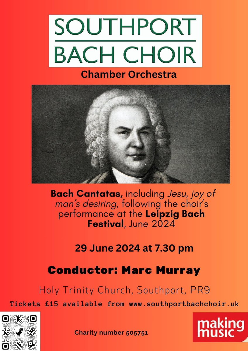My next concert in the UK with <a href="/SouthportBach/">Southport Bach Choir</a> Choir on Saturday, 29th June. I shall be conducting the choir at the Leipzig Bach Festival on 12th June. Much excitement as we prepare for this festival, when we are performing cantatas Bach wrote in 1724 - a 300 year anniversary.