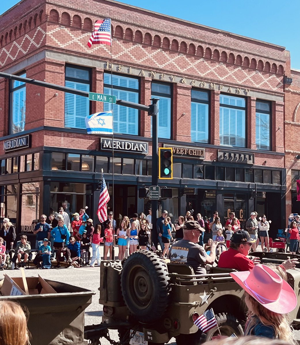 Bozeman, Montana. Memorial Day 2024. Local Veterans ride by our beautiful Main Street with an 🇺🇸 but also, in support of the Jewish people, an 🇮🇱. They aren’t Jewish, it was unsolicited, and they never did it before, but today when the Jewish people are under assault, as we