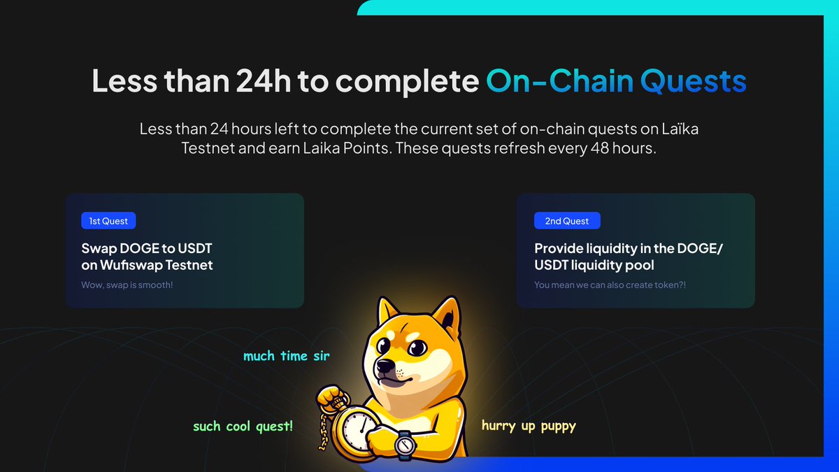 LESS THAN 24H TO COMPLETE THE FIRST ON-CHAIN QUESTS

Explore the Testnet and earn Laika Points by completing on-chain quests as part of the Sputnik 1 program.

👉Less than 24h remaining to complete current quests. New quests will be available after this period, so stay alert!