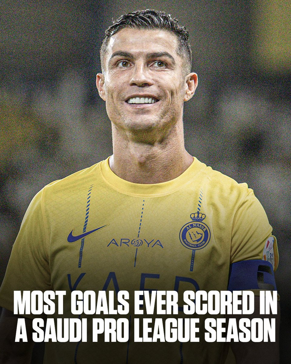 ESPNFC's tweet image. CRISTIANO RONALDO HAS DONE IT!

HE SCORES HIS 35TH LEAGUE GOAL OF THE SEASON, BREAKING THE ALL-TIME RECORD OF MOST GOALS SCORED IN A SINGLE SAUDI PRO LEAGUE SEASON! 🔥

GOAT THINGS 🐐