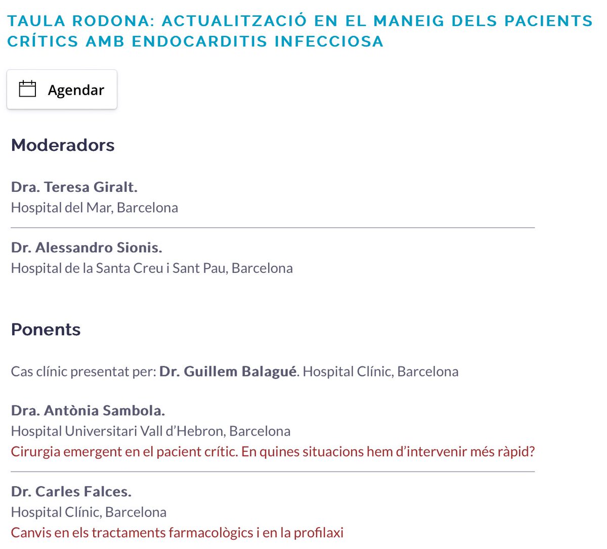 Actualització en el maneig dels pacients crítics amb #endocarditis infecciosa. Taula rodona Congrés #Catcardio2024 amb la participació de @IETeamClinicBCN @CarlesFalces @guillemuuus @AntoniaSambola @ASionis @hospitalclinic @HospitalSantPau @vallhebron @hospitaldelmar @catcardio