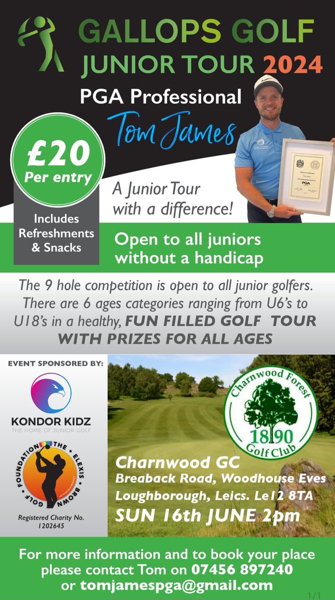 The next Gallops Golf Junior Tour will be held at <a href="/charnwoodfgc/">Charnwood Forest G.C</a> on Sunday the 16th of June, tee times starting from 2pm. 
Get in touch to enter at one of the county’s finest golf courses 👌🏽🏌🏻‍♂️☀️