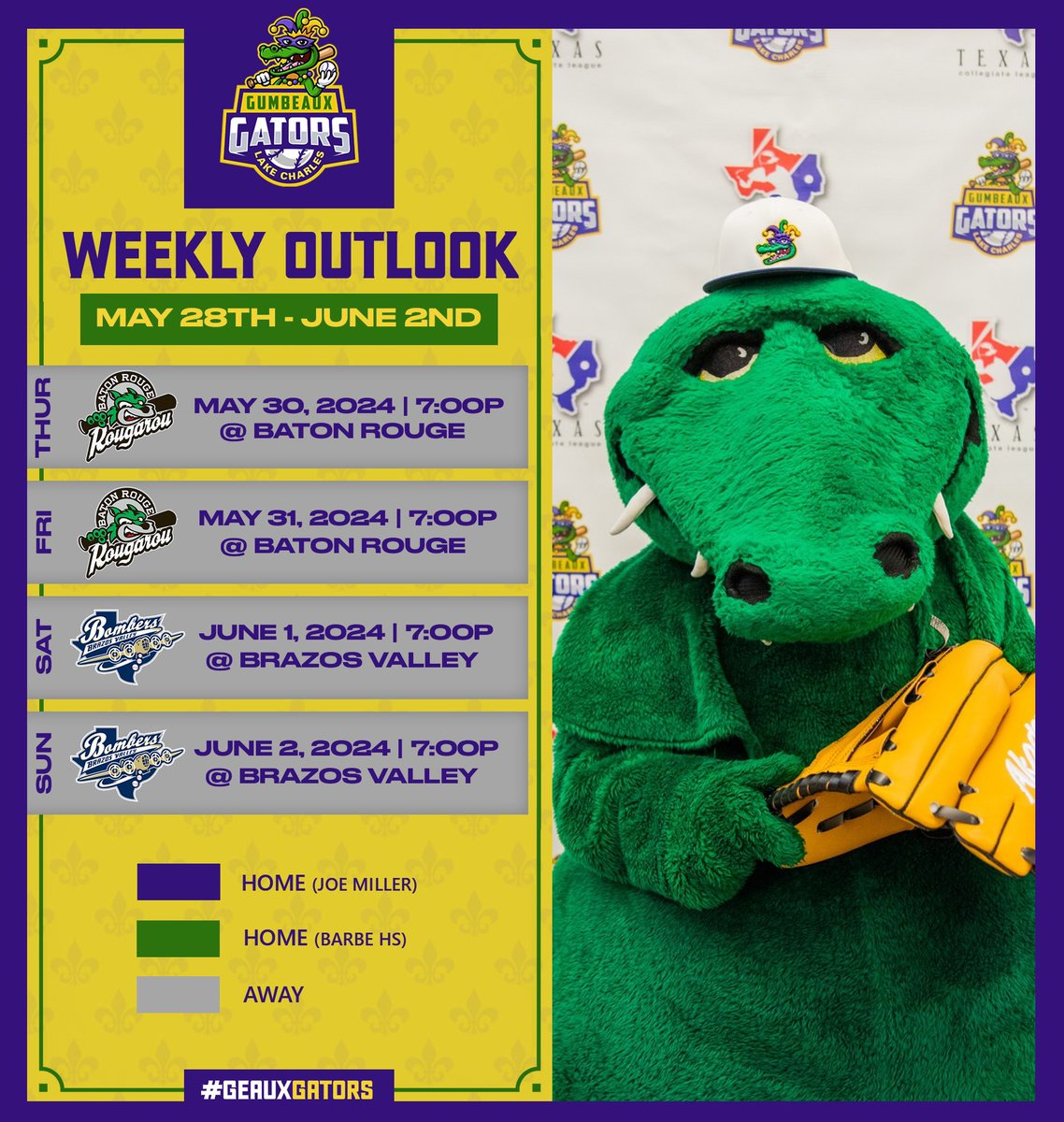 🚨 Our 2024 Inaugural Season begins this week with a 4-game road trip to Baton Rouge and Brazos Valley!

Every Monday we will be posting a “Weekly Outlook”, to keep you up to date on the games in the week ahead! 🐊⚾️

#GumbeauxGators #GeauxGators