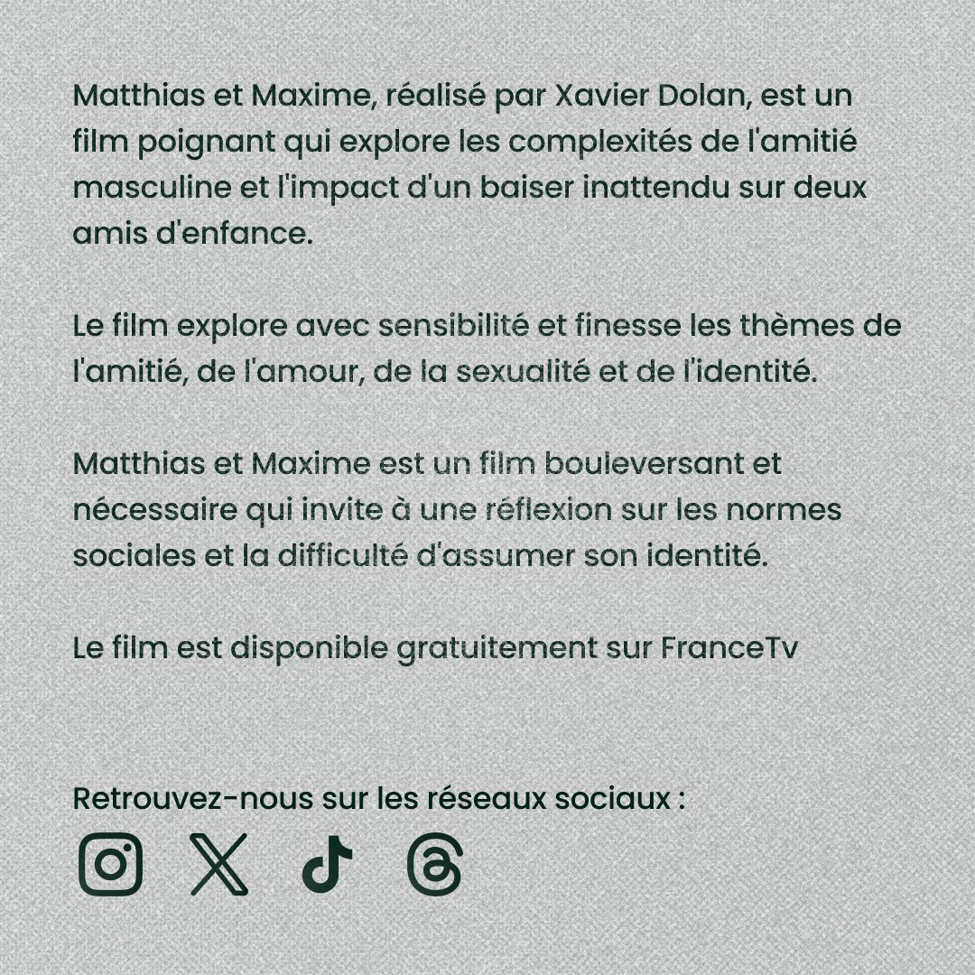 Matthias et Maxime est un film bouleversant et nécessaire qui invite à une réflexion sur les normes sociales et la difficulté d'assumer son identité.

Le film est disponible gratuitement sur FranceTv

#MatthiasEtMaxime #XavierDolan #Amitié #Identité #Amour