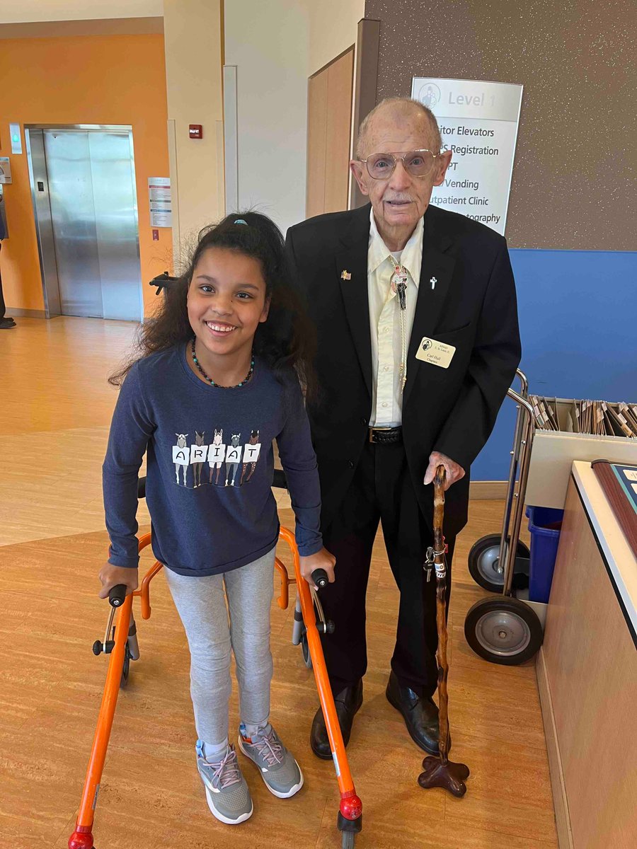 Our Shriner volunteers love our patients! Elizabeth travels from Kansas for her care and 95-year-old Carl Hall always offers her a friendly smile when she arrives. ❤️

Request an appointment: ReferAChildSTL@Shrinenet.org

#MostAmazingCareAnywhere