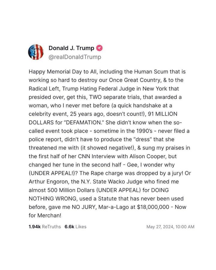 This is an absolute disgrace from a former POTUS running for POTUS. To write this on Memorial Day simply confirms his depravity & narcissism. #MAGA supporters should be ashamed. But they, like him, have no shame.