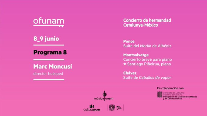 Catalunya_MX's tweet photo. 🎼Concierto de hermandad Catalunya-México

 🎻El 8 y 9 de junio el maestro catalán @MarcMoncusi dirige la Orquesta Filarmónica de la UNAM @OFUNAM en la Sala Neza con un programa de compositores catalanes y 🇲🇽 (Montsalvatge, Albéniz, Ponce y Chávez)

ℹ️ https://t.co/jOYAHorB9N https://t.co/RT98M1HGhL