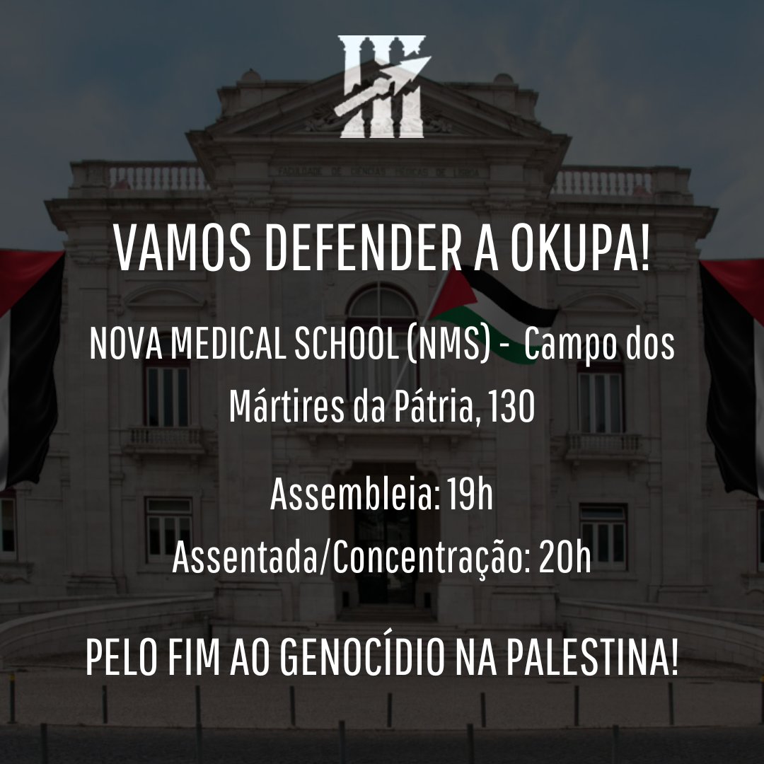 Hoje, a Faculdade de Medicina da Universidade Nova de Lisboa (NMS) foi okupada por dezenas de pessoas, pelo corte de relações com Israel e pelo fim ao genocídio. Sabemos também que a faculdade já está cheia de polícia que poderá a qualquer momento tentar forçar um despejo.