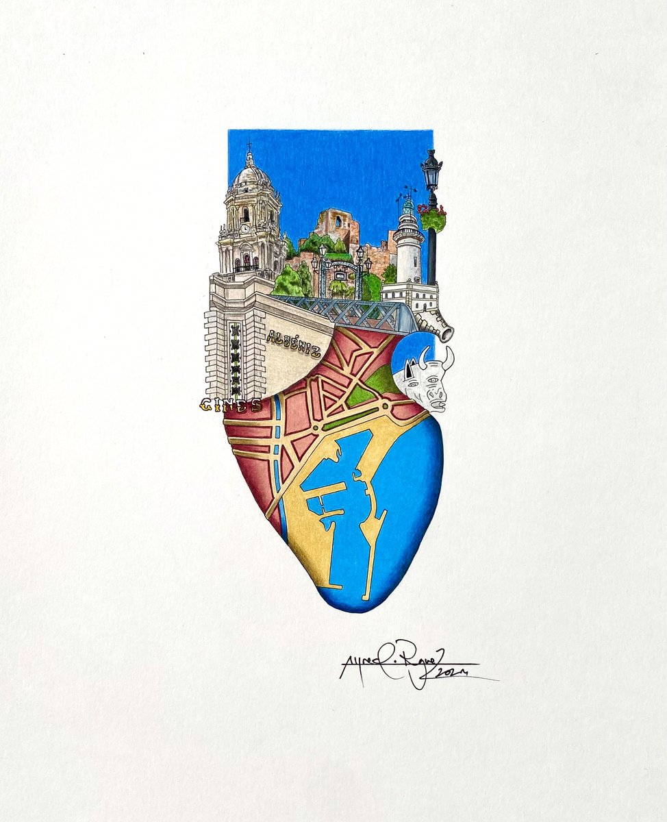“Málaga en el corazón”
Prismacolor y rotring sobre papel Canson 200g/m2
18x9,5 cm