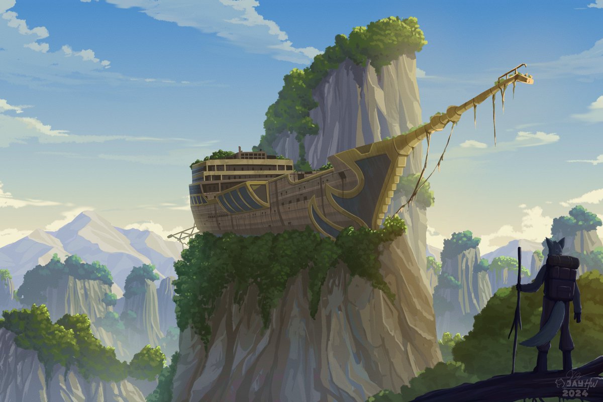 JayHeartwing's tweet photo. Here lies the great flying ship that once soared the skies of the world. 

Of all the commissions I have that involve landscapes, this one is what I'm proud of so far. I've worked on this for 2 days, and I'm satisfied with it.
Commission done for Bowhuskers on FA

(c) 2024 https://t.co/db63RgLvRM