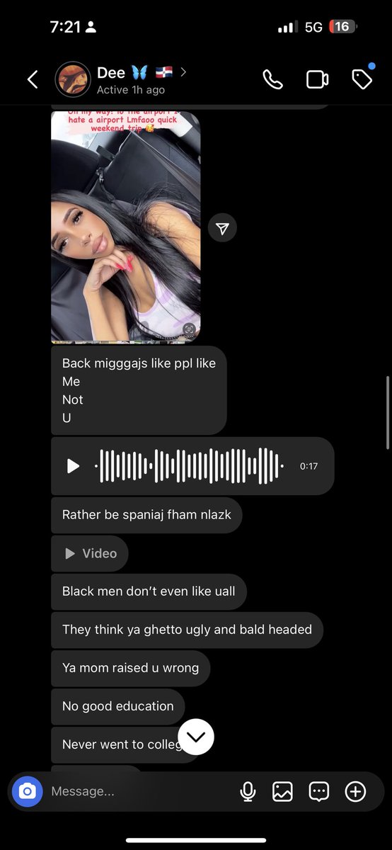MondyBandz's tweet photo. Demaris Martinez is a racist. This is a future lawyer. Calling me a black monkey and saying my skin color is ugly. I’m calling this shit out because it’s NOT okay.  Help me what school she goes to because she will not representing our black kings with this mindset. Disgusting asf https://t.co/Lfb5S1pLR2