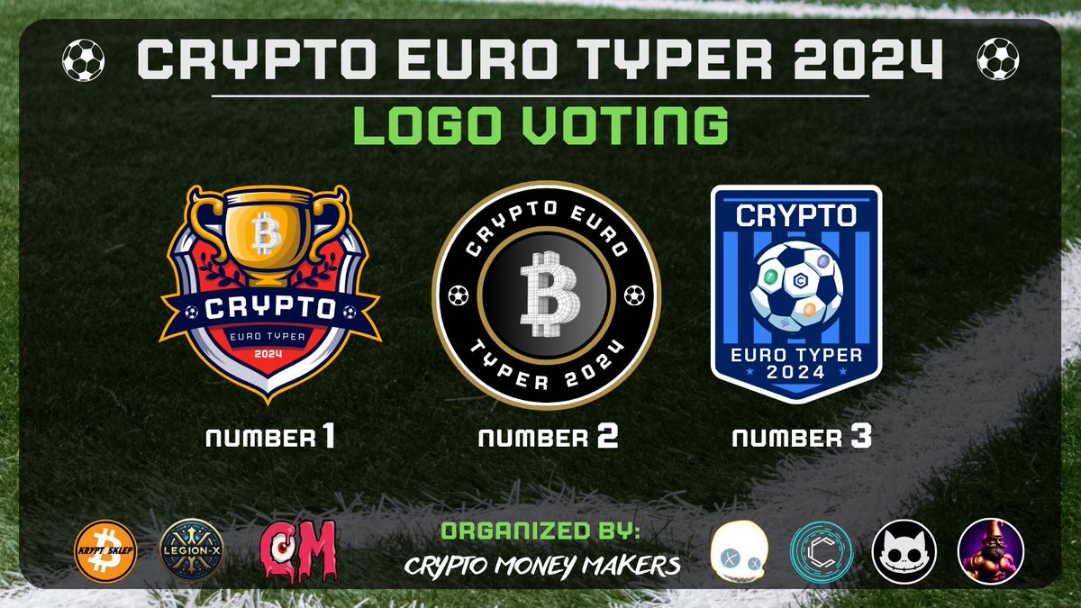 #CryptoCommunity 
We decided to change name of our event for 
CRYPTO EURO TYPER 2024 🏆⚽️🔥
We need your vote with choosing a logo ✍️
Select one option from graphic and comment below!
🎁 2 x 100 CRO among voters!🎁 
📅 Voting ends on Sunday. 
🔁 Share it!

#LFG #CryptoTyper #Fun
