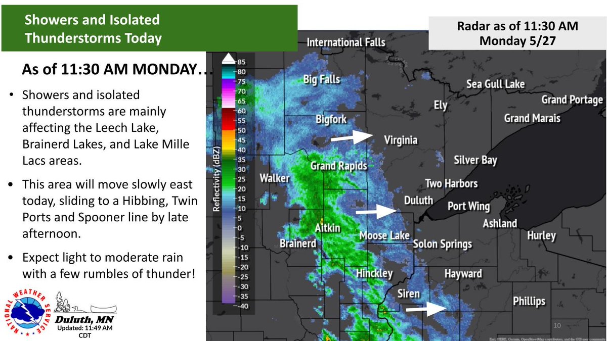 Showers with a few rumbles of thunder are affecting the Leech Lake and Lake Winnibigoshish, Brainerd Lakes and around Lake Mille Lacs areas as of 1130 AM. This area of rain will slowly slide east today. Light to moderate rain with a few rumbles of thunder are expected!