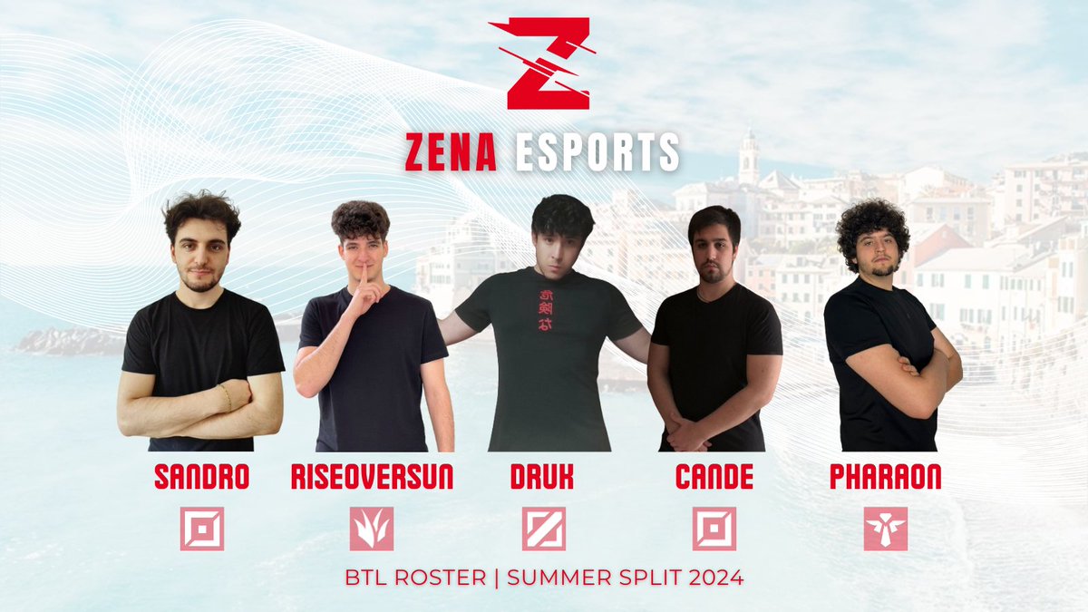 Zena_Esports's tweet photo. Introducing the lineup for our first split in #BTL 🇮🇹
🔝 @Alev_SandRO 
🌳 @RiseOverSun 
🪄 @Manu04632499506 
🔫 @EyNolii 
❤️‍🩹 @The_Pharaon00 https://t.co/deC4taSrRn