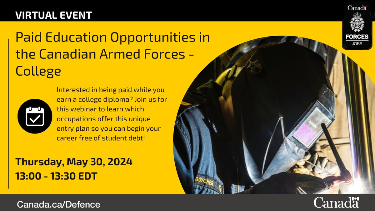 Thinking about a college degree? Register now to learn more about Canadian Armed Forces paid education programs and how, if you qualify, you can have 100% of your school fees covered in exchange for service: forces.ca/en/events/#/de…