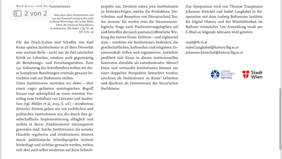 Weil es sonst zu ruhig um Karl Kraus wird, hier eine Ankündigung für Juni: Wir veranstalten ein Kraus-Symposium in Kooperation mit der <a href="/wienbibliothek/">Wienbibliothek im Rathaus</a> und freuen uns über Zuhörer:innen:
