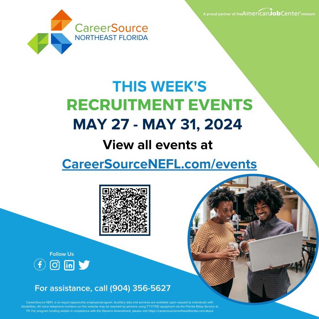 Looking for your dream career? Don't miss out on the incredible Recruitment Events hosted by CareerSource NEFL from May 27 to May 31, 2024! 
✨ For more information, visit: conta.cc/3KeVUk3
@jaxjobs @Jacksonville @CareerSourceNEF @NASJaxMWR @nefljobs @CityofJax
