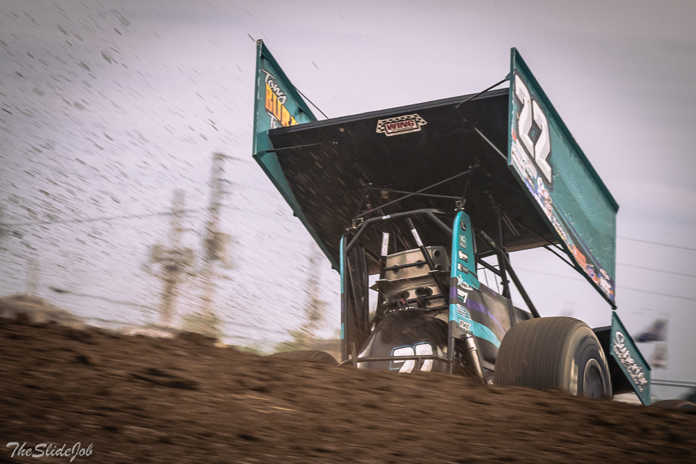 @Spithaler22 bangs the cushion in T4 at @atticaracewyprk during qualifying with @WorldofOutlaws .