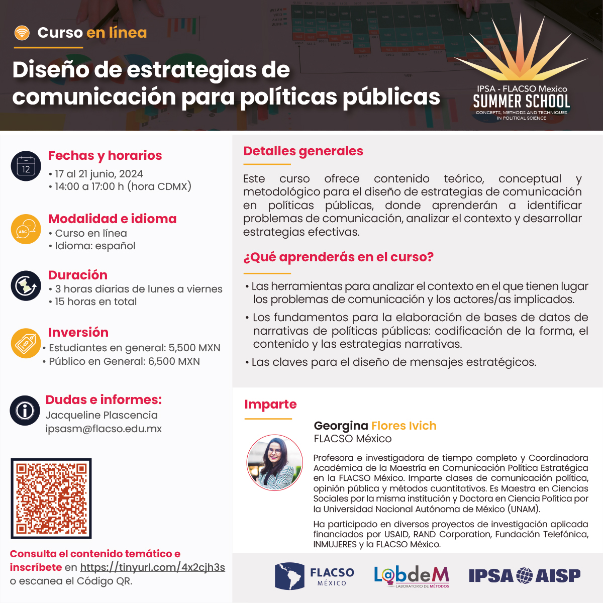 Descubre cómo diseñar #EstrategiasdeComunicación en #PolíticasPúblicas con @gefloresivich en la Escuela de Verano IPSA-FLACSO México.

🗓️ Del 17 al 21 junio
🖥️ En línea
🏅Constancia con valor curricular 

ℹ️ tinyurl.com/4x2cjh3s 
✍️ bit.ly/324eczo