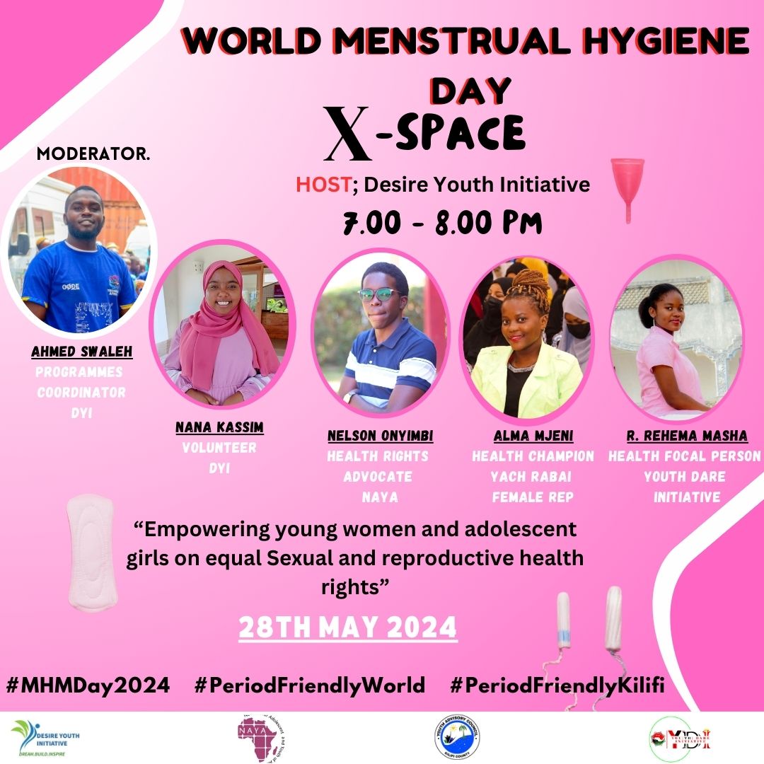 Join us this #MenstrualHygieneDay to break the silence and empower one another! Let's discuss periods, hygiene, and destigmatization.Don't miss our X-space tomorrow 7:00PM EAT 💪🩸 #PeriodFriendlyKilifi #PeriodFriendlyWorld #MHMDay2024 @KilifiCountyGov @DOHKilifi