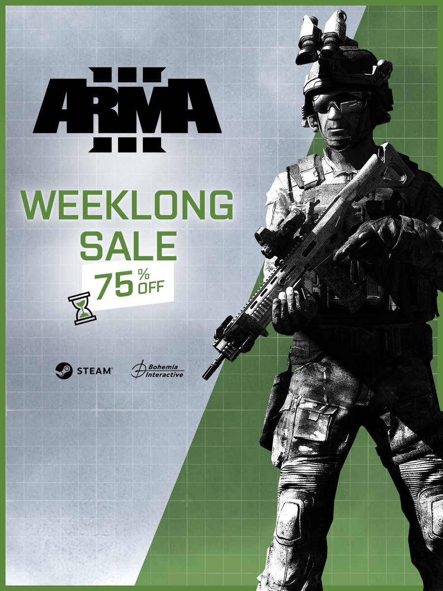 Another Arma Weeklong Sale is here! Get #Arma3 and its DLC for up to 75% off, and #ArmaReforger for 25% off! 🔥 No time to waste though, as the sale ends June 3rd! ⏳ store.steampowered.com/sale/arma/