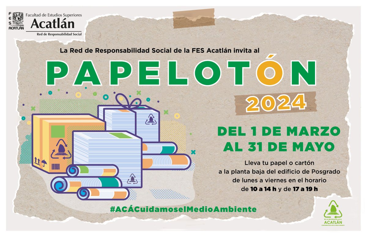 ⚠️ ¡Recicla! ¡No lo tires! Tráenos el papel y cartón que no necesites.
 La Red de Responsabilidad Social de la #FESAcatlán, l@s invita a participar en el Papelotón 2024. #ACÁCuidamoselMedioAmbiente