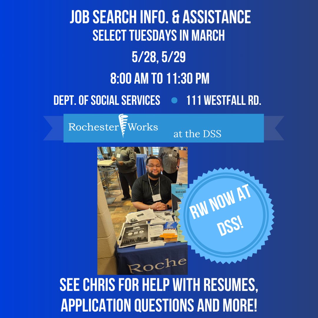 RochesterWorks Career Services Advisor Chris will be at DSS 111 Westfall Rd tomorrow, providing FREE job search information and assistance to help you with your job search! Come take advantage of these resources. No appointment needed!

#JobSeekers #JobAssistance #YouthEmployment