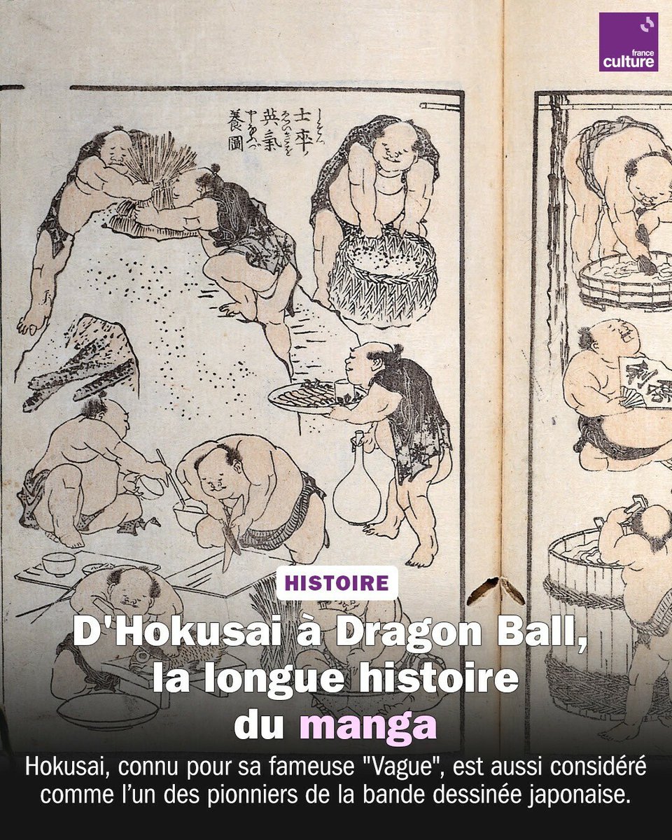 Au 19e siècle, le célèbre peintre Hokusai, utilise le mot 'manga' pour désigner ses carnets de croquis. Mais il faut attendre le siècle suivant pour qu’émergent ces BD devenues phénomène planétaire.
➡️ l.franceculture.fr/fTz