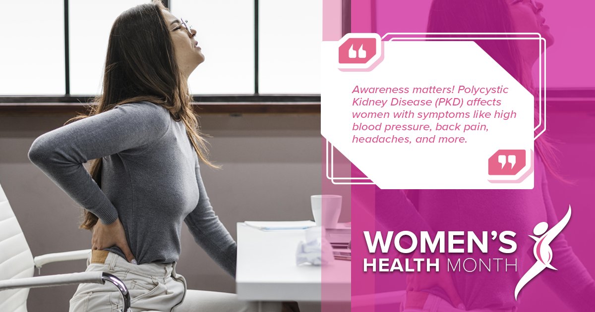 Awareness matters! Polycystic Kidney Disease (PKD) affects women with symptoms like high blood pressure, back pain, headaches, and more. Early detection is key. Spread awareness. #KidneyHealth #WomensHealthMonth #GoHealthyHouston