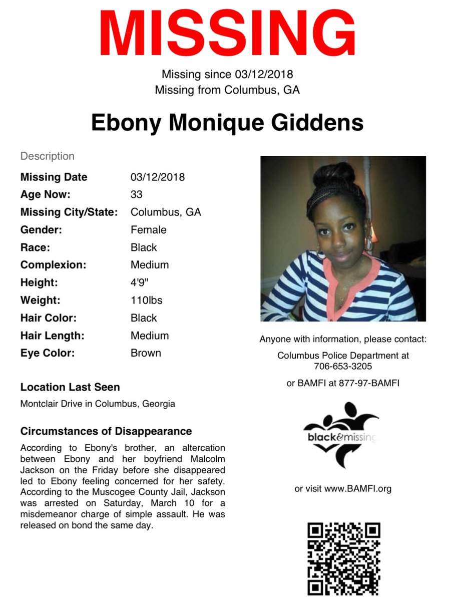 #Columbus, #GA: 33y/o #EbonyGiddens has been MISSING since March 12th, 2018. She was last seen on Montclair Dr. According to her brother, an altercation between her & her boyfriend left Ebony feeling concerned for her safety. 

Please share to #HelpUsFindEbonyGiddens