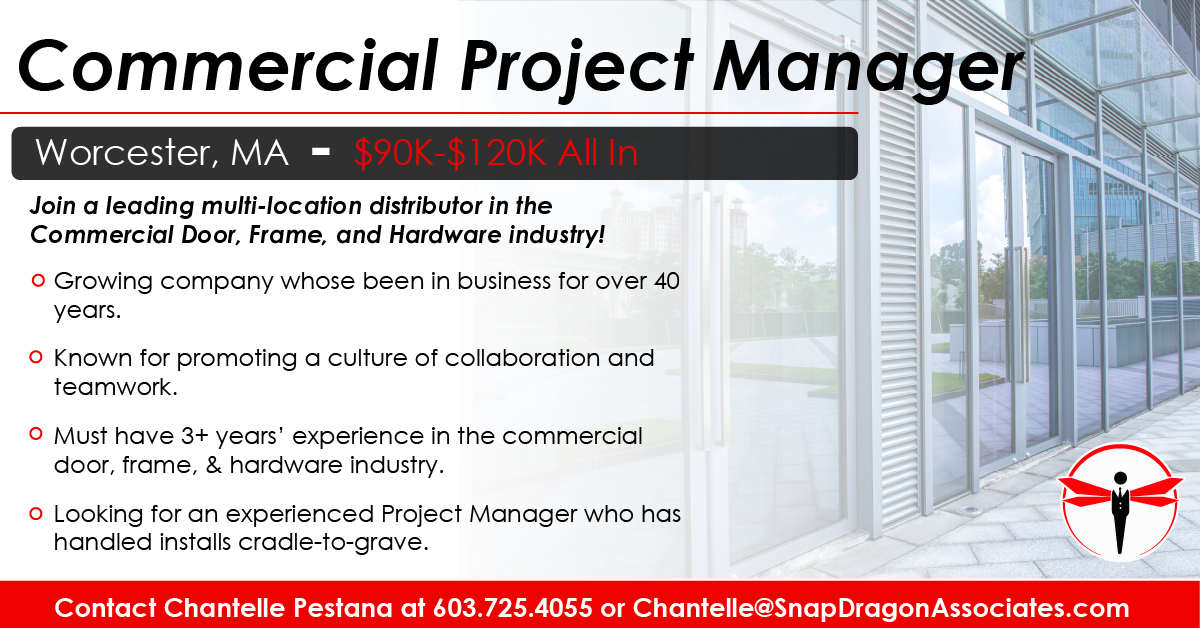 We’re looking for a Project Manager for a leading distributor in the Worcester, MA region🚪

To apply, visit snapdragonassociates.com/job/project-ma… or reach out to Chantelle Pestana!

#projectmanager #MAjobs #buildingmaterials #buildingmaterialsjob #sales #salesjob #SnapDragonJobs