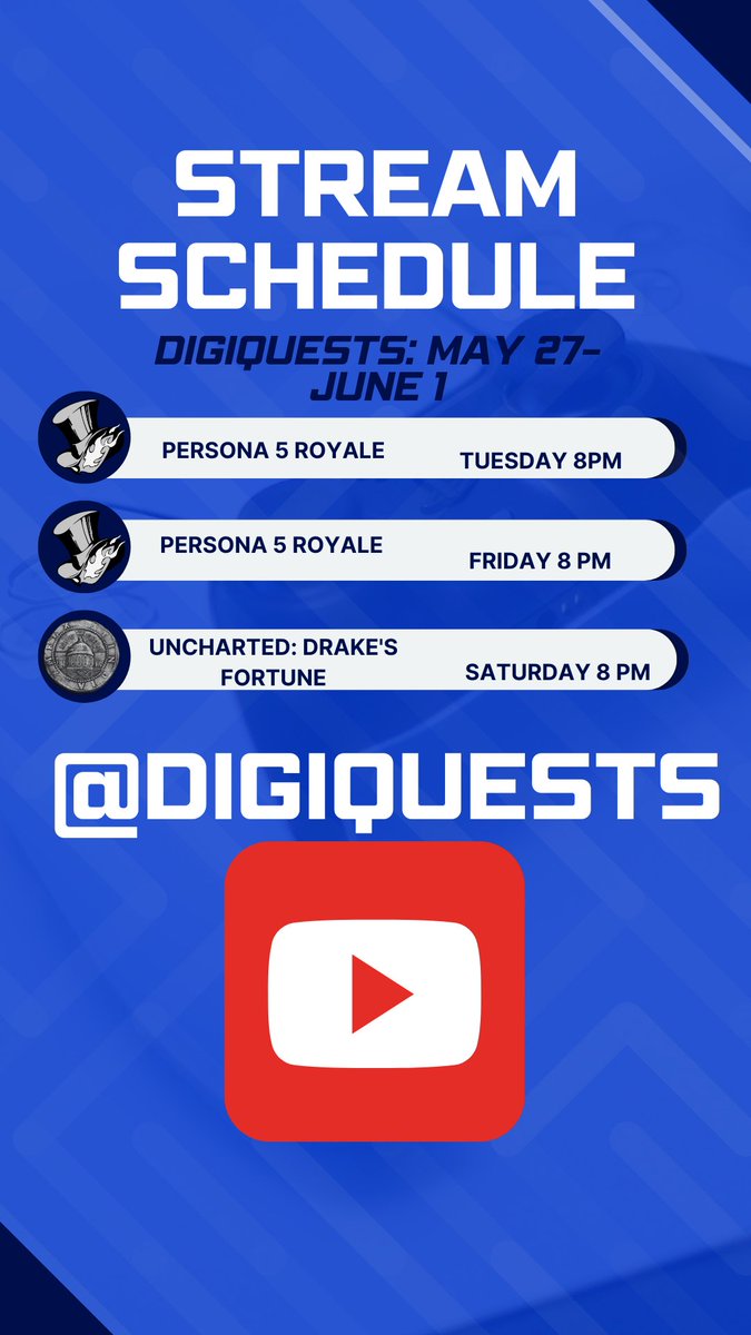 ComicCrashYT's tweet photo. The sister channel to Comic Crash, DigiQuests, is streaming this week! Here's the schedule! https://t.co/S1hPyBsHpu