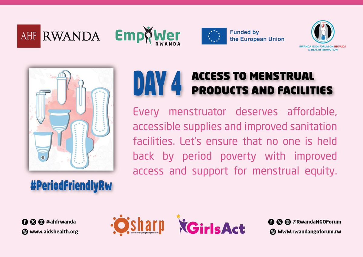 GirlsActRwanda's tweet photo. Empowerment starts with access. Every menstruator deserves affordable, accessible supplies and improved sanitation facilities. Let's break the barriers of period poverty and champion menstrual equity together!
#PeriodFriendlyRw
#EndTheStigma
#MenstruationMatters https://t.co/eIpGM2YdxQ