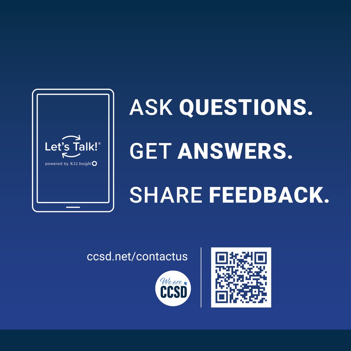 Do you have questions about job opportunities? Or do you think a colleague needs to be recognized for their hard work? Let’s Talk is an online service that allows our CCSD community to communicate with the school district: ccsd.net/contactus/