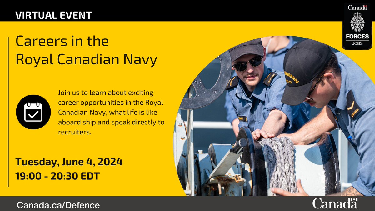 Ahoy there⚓ are you considering a career in the @RoyalCanNavy ? Don't miss this info session where you can learn about the different careers, and what life is like aboard ship. Ask any questions you have about joining. Register now: forces.ca/en/events/#/de…