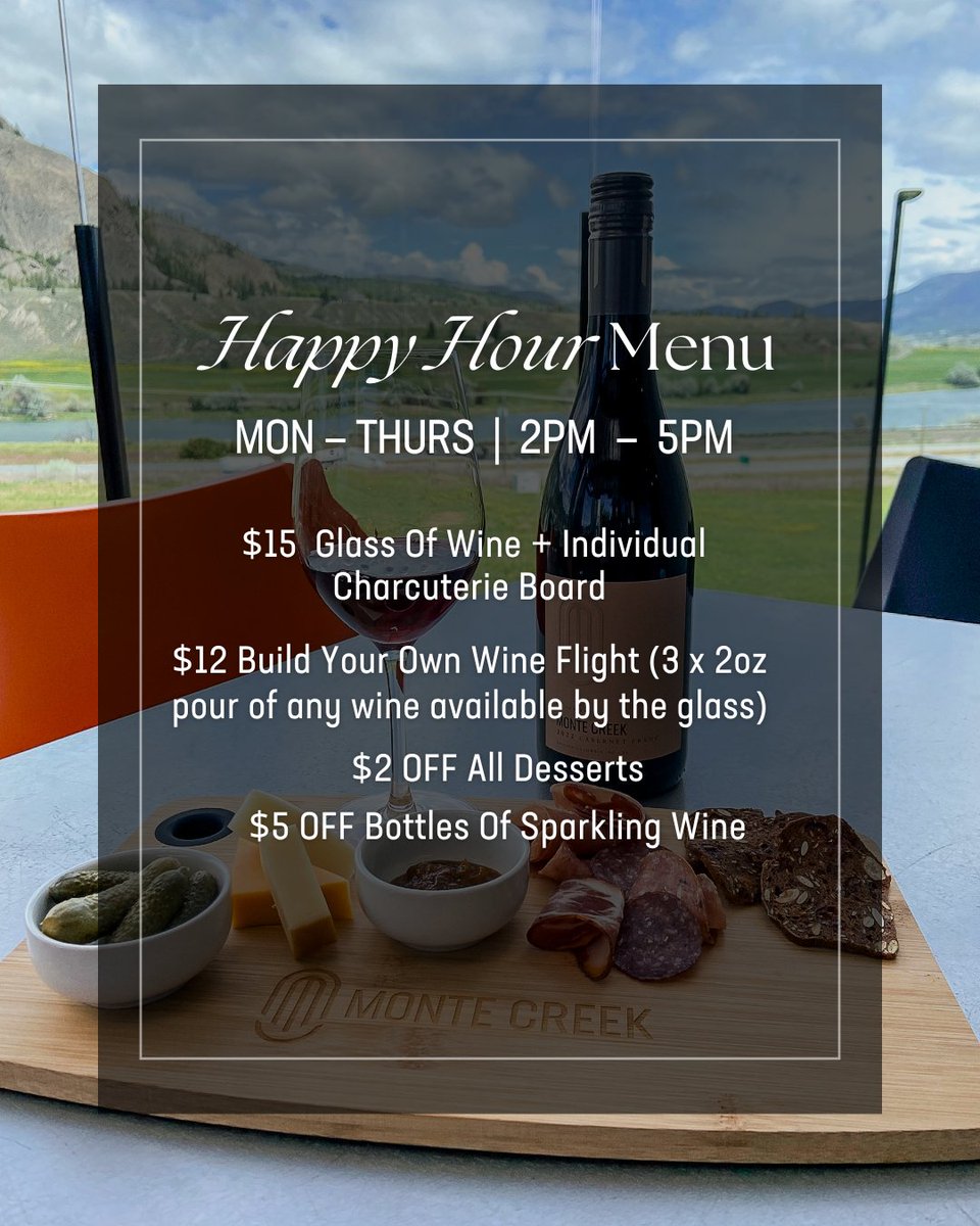 Happy Hour is here to stay on the Terrace for all of June!

Come and enjoy our Happy Hour specials and relax with a glass of wine and a stunning view. Our full menu is also available if you're craving something more. 🧀🥂

See you soon!